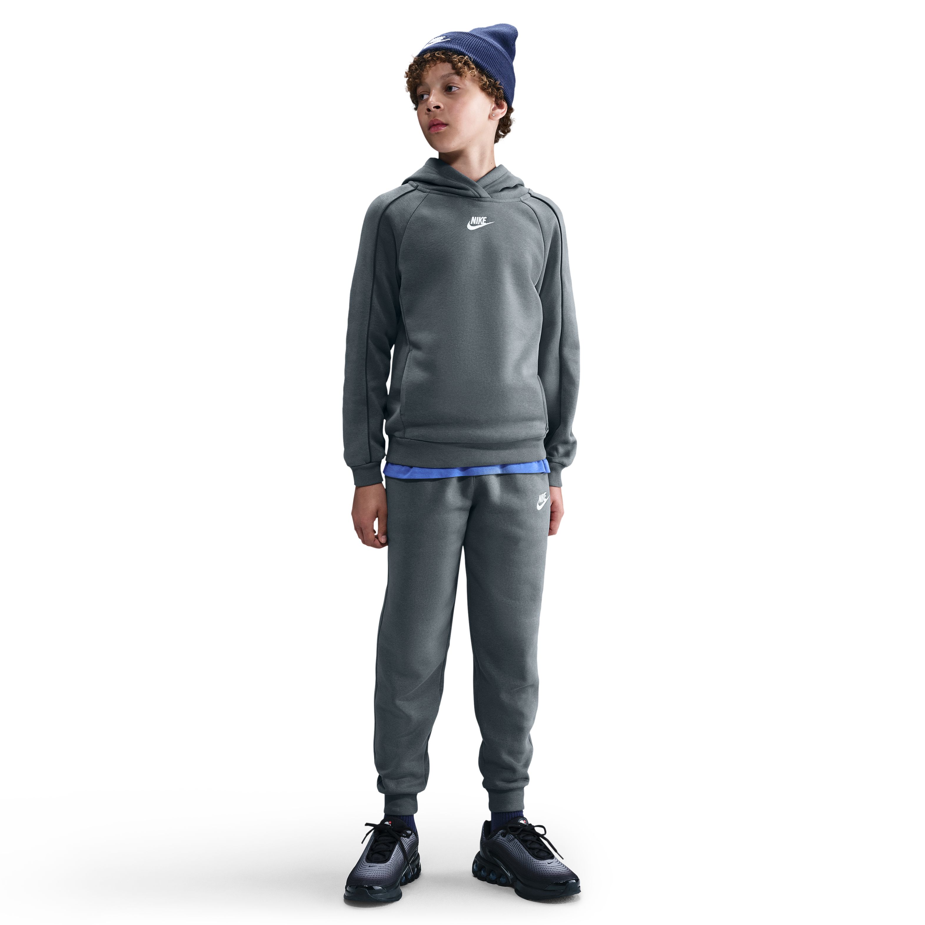 Nike Club Fleece Sportswear Trainingspak Hooded Kids Donkergrijs Wit