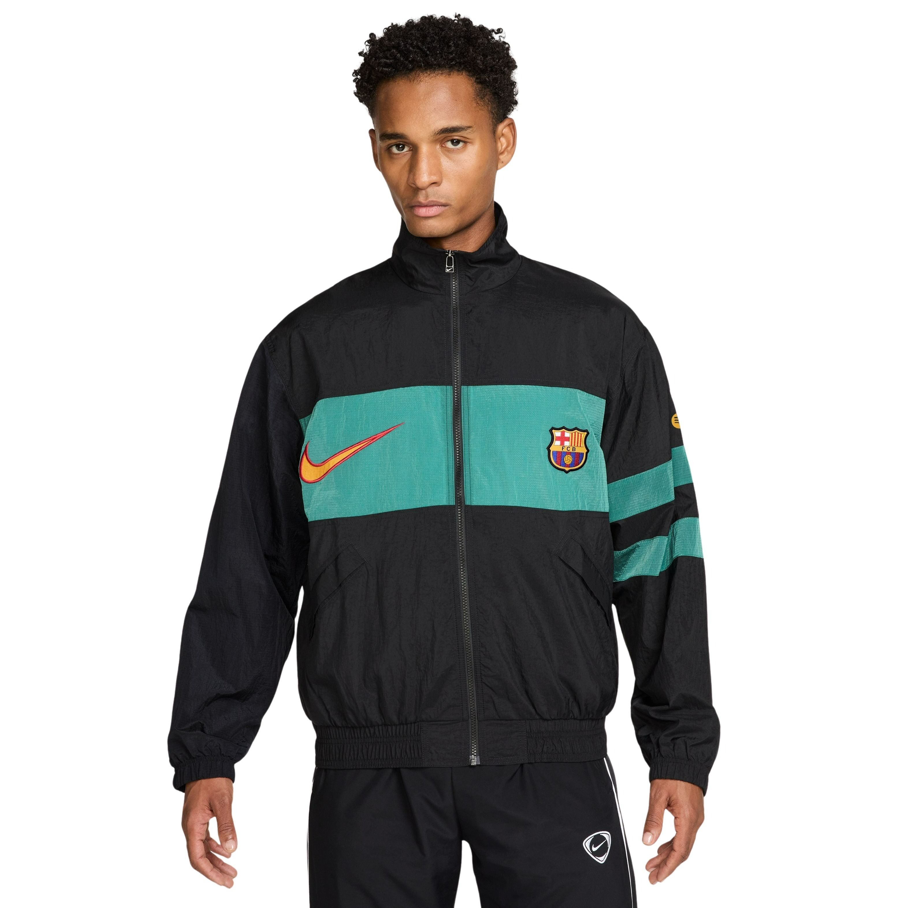 Nike FC Barcelona Repel Woven Trainingsjack 1996 Zwart Lichtgroen Goudgeel