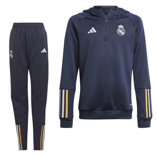 adidas Real Madrid Trainingspak Hooded 2023-2024 Kids Donkerblauw Wit Goud