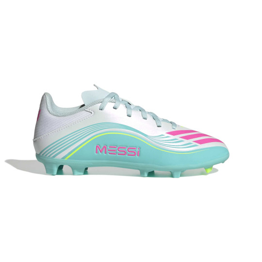 adidas F50 Messi League Gazon Naturel Artificiel Chaussures de Foot (MG) Enfants Blanc Turquoise Rose