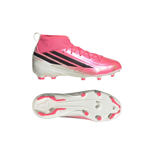 adidas F50 Hyperfast League Mid Gras Voetbalschoenen (FG) Kids Felroze Zwart Goud Wit