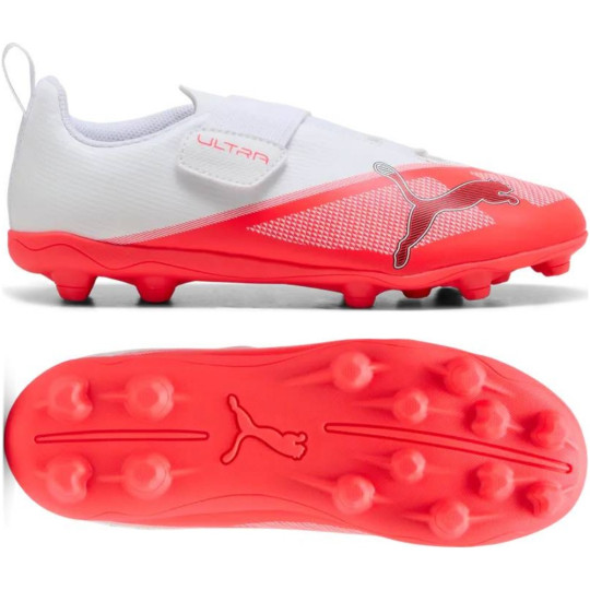 PUMA Ultra 7 Play Velcro Grass/Artificial Grass Football Boots (MG) Kids White Bright Red Black