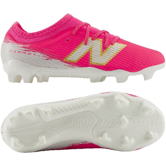 New Balance Furon V8 Team Gazon Naturel Chaussures de Foot (FG) Enfants Rose Vif Blanc Doré