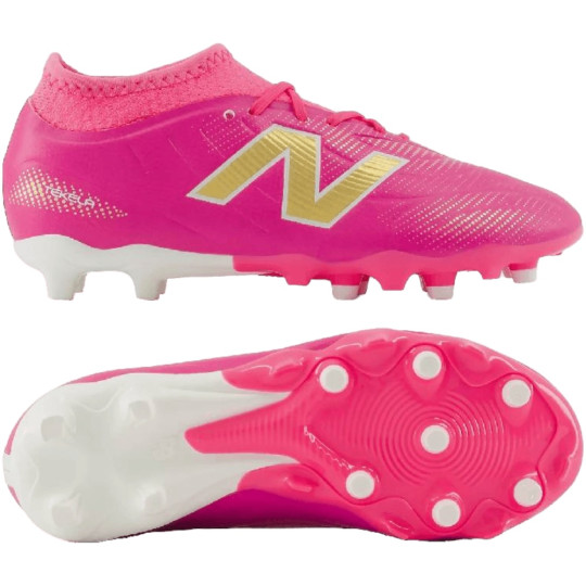 New Balance Tekela V5 Team Low Gazon Naturel Chaussures de Foot (FG) Enfants Rose Vif Blanc Doré