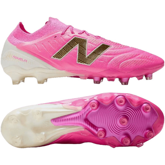 New Balance Tekela V5 Elite Low Gazon Naturel Chaussures de Foot (FG) Rose Vif Blanc Doré