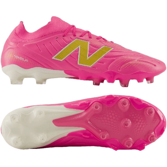 New Balance Tekela V5 Pro Low Gazon Naturel Chaussures de Foot (FG) Rose Vif Blanc Doré