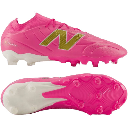 New Balance Tekela V5 Team Low Gazon Naturel Chaussures de Foot (FG) Rose Vif Blanc Doré