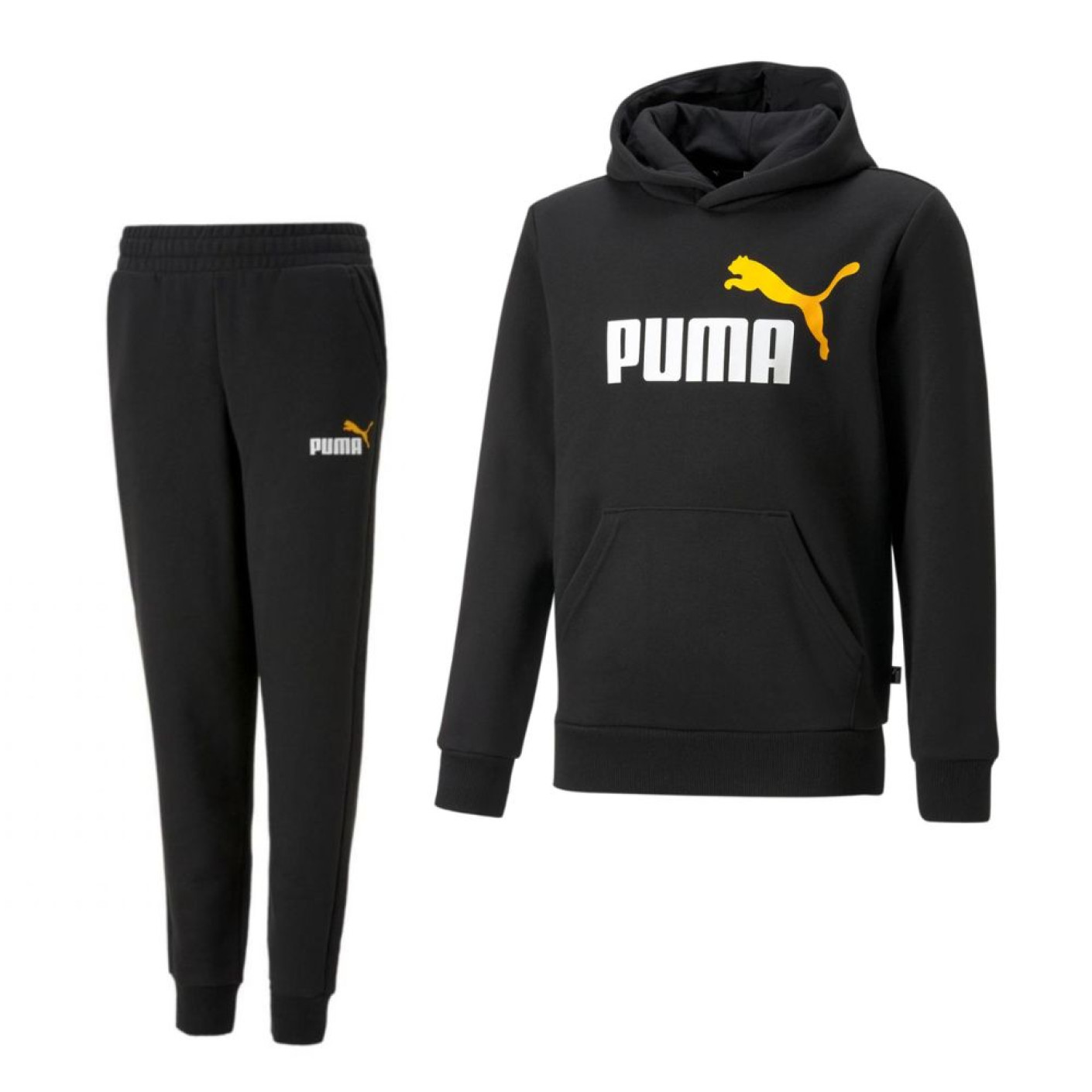 PUMA Essentials+ 2 College Big Logo Fleece Hoodie Trainingspak Kids Zwart Oranje
