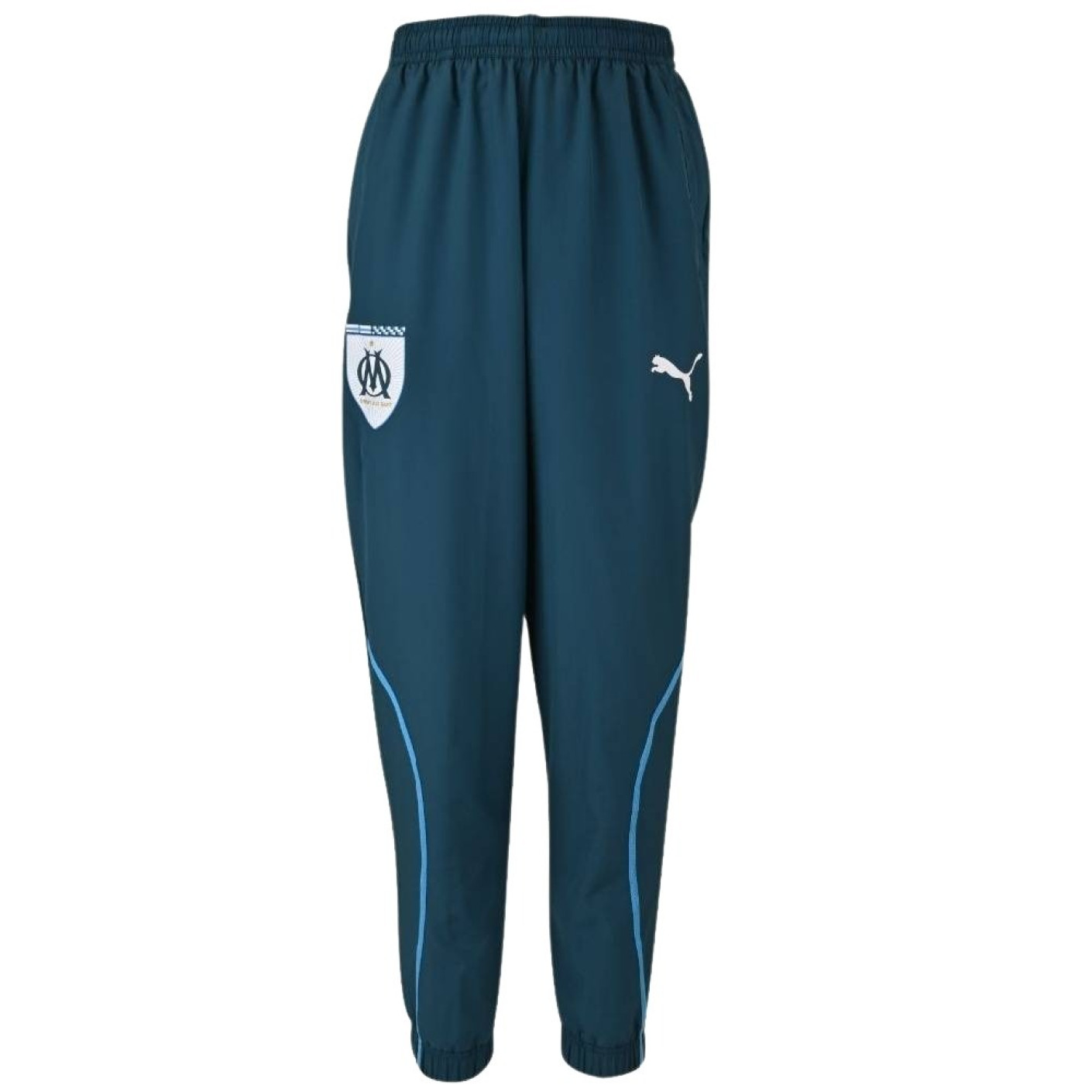 PUMA Olympique Marseille Pre-Match Woven Trainingsbroek 2024-2025 Donkerblauw Lichtblauw Wit