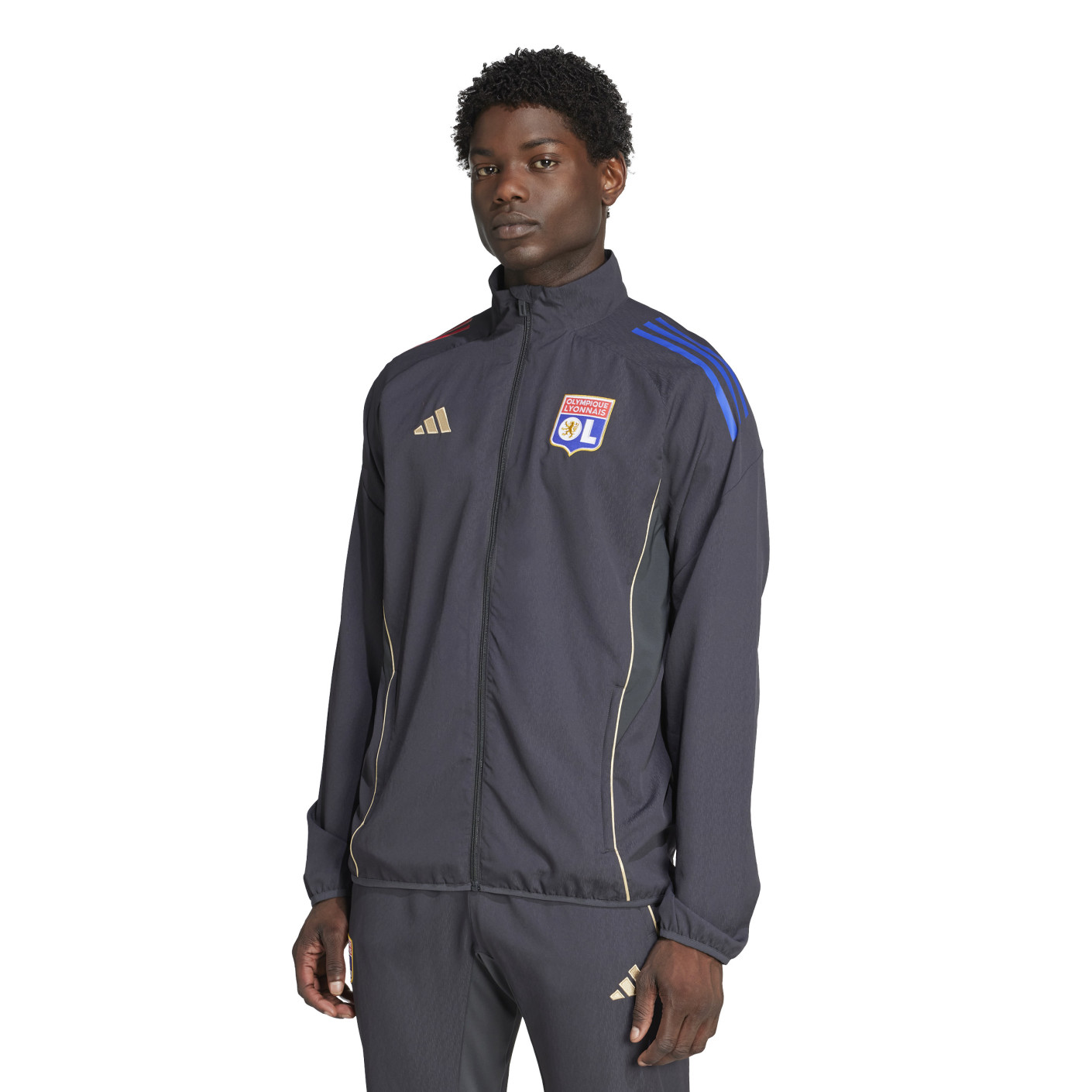 adidas Olympique Lyon Presentation Training Jacket 2025-2026 Dark Grey Gold Red Blue
