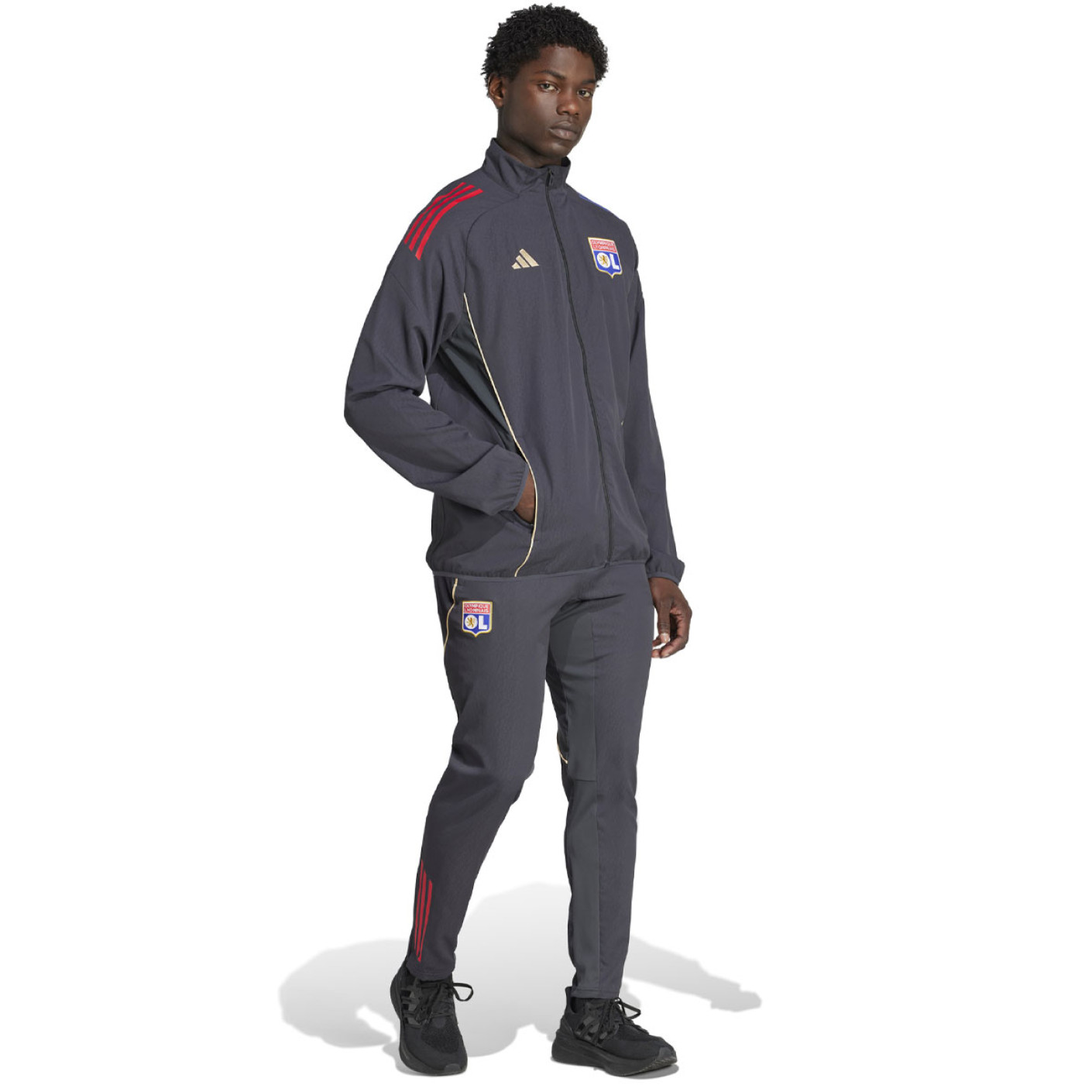 adidas Olympique Lyon Presentation Tracksuit Full-Zip 2025-2026 Dark Grey Gold Red Blue