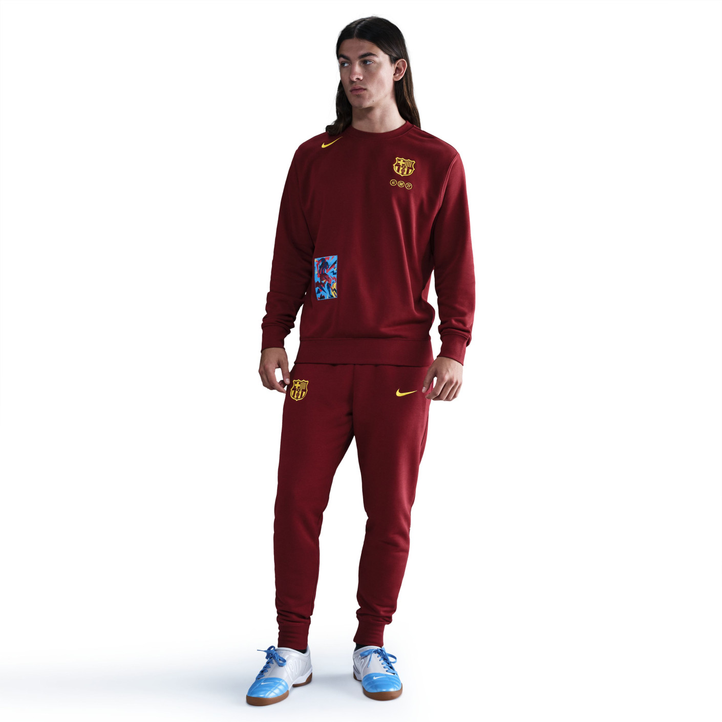 Nike FC Barcelona Club Fleece Crew Jogging Suit 2025-2026 Dark Red Yellow