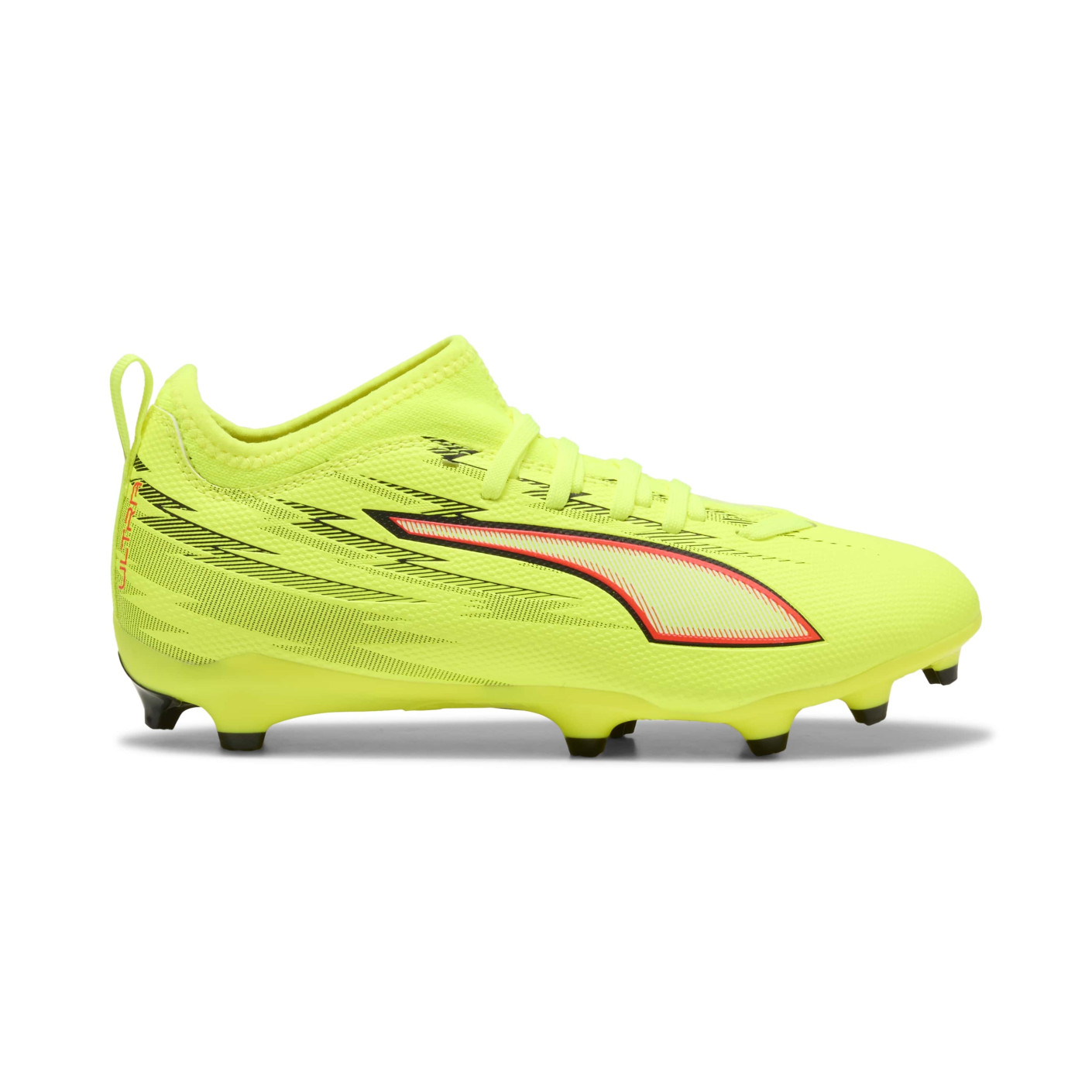 PUMA Ultra 6 Match Grass/Artificial Grass Football Boots (MG) Kids Neon Yellow Red Black
