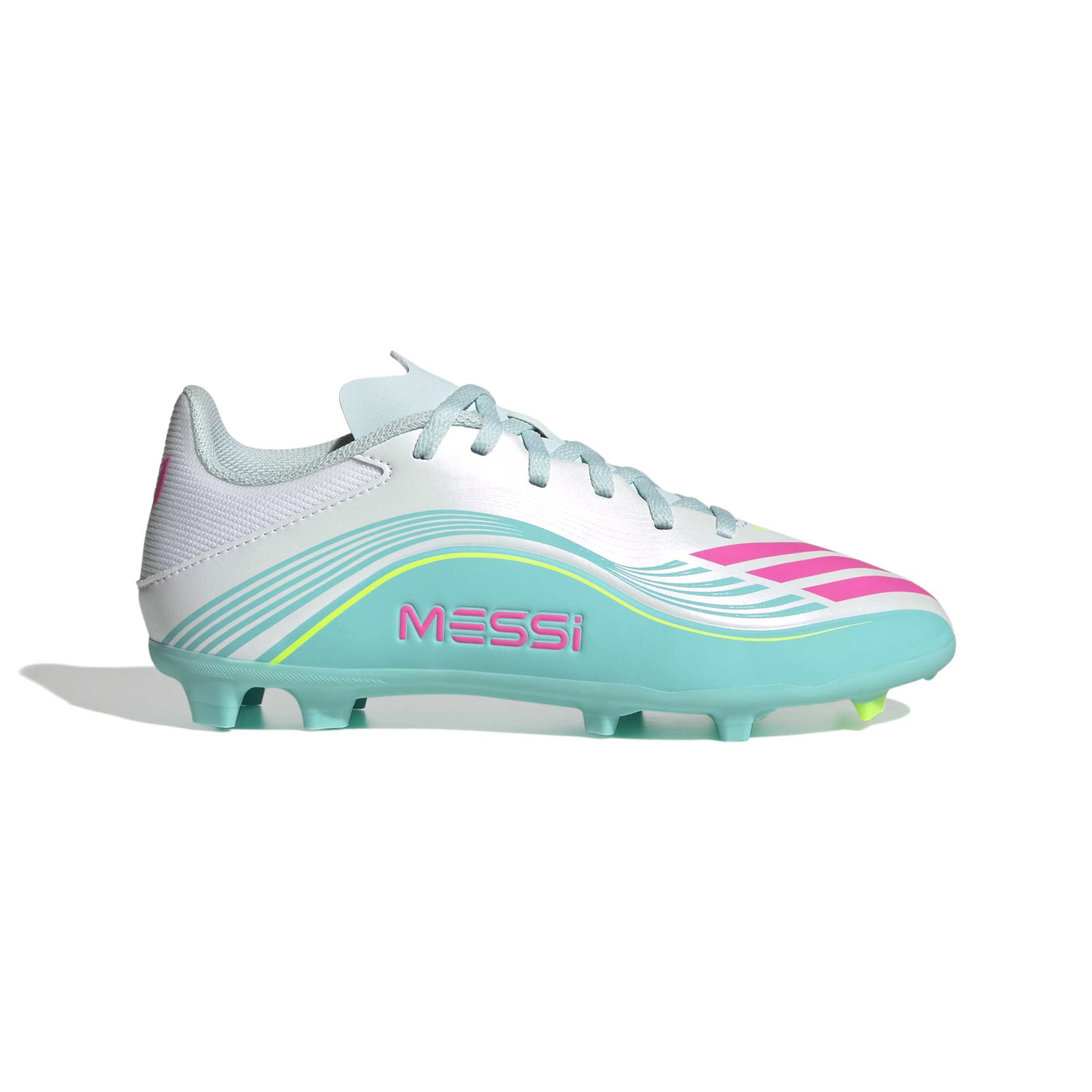 adidas F50 Messi League Grass/Artificial Grass Football Boots (MG) Kids White Turquoise Pink