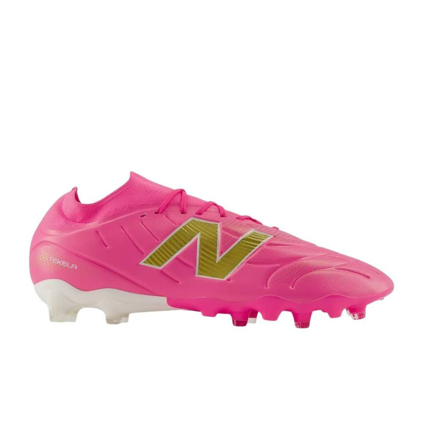 New Balance Tekela V5 Team Low Gras Voetbalschoenen (FG) Felroze Wit Goud