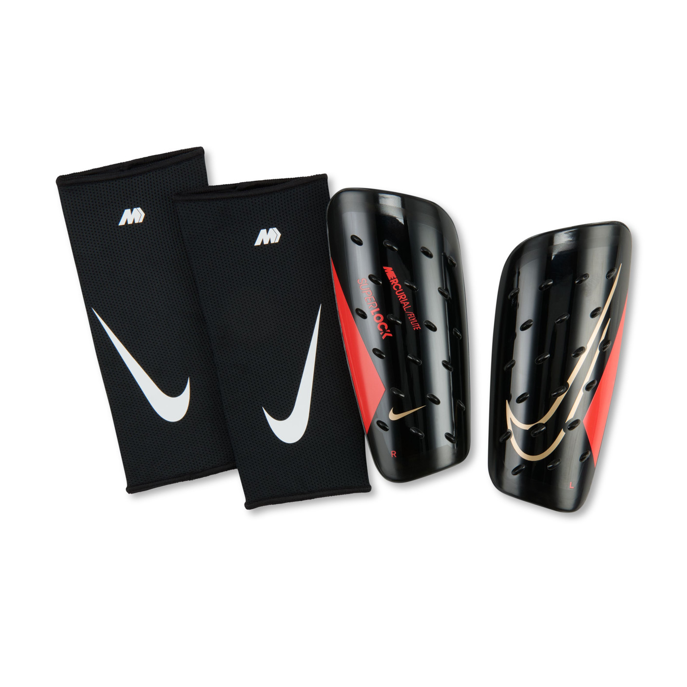 Nike Mercurial FlyLite Superlock Scheenbeschermers Zwart Felrood Goud