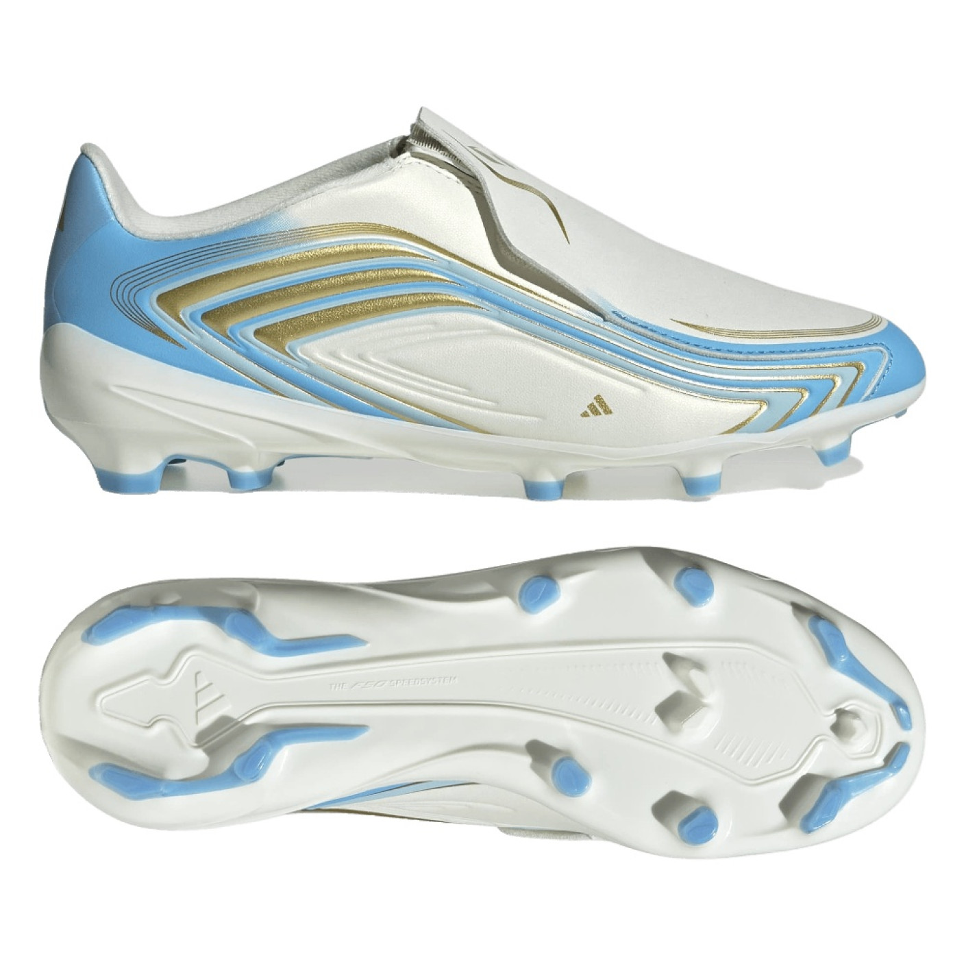 adidas F50 Messi League Veterloze Gras Voetbalschoenen (FG) Kids Wit Lichtblauw Goud