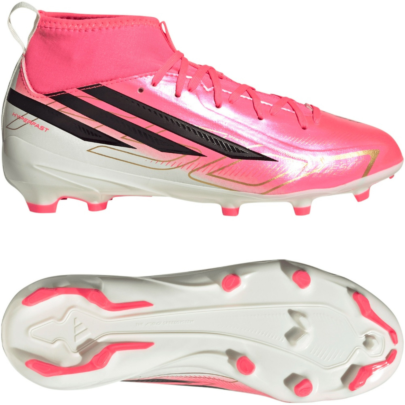 adidas F50 Hyperfast League Mid Gras Voetbalschoenen (FG) Kids Felroze Zwart Goud Wit