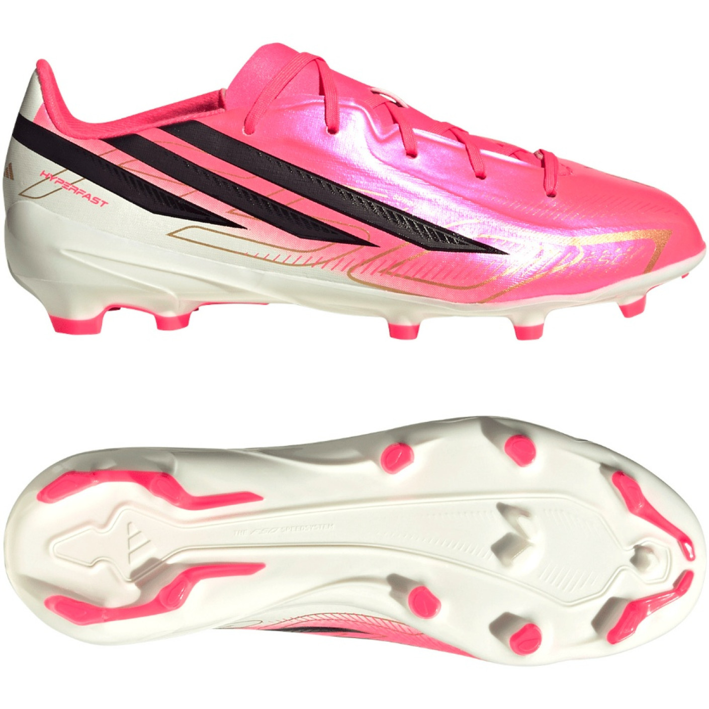 adidas F50 Hyperfast League Gras Voetbalschoenen (FG) Kids Felroze Zwart Goud Wit