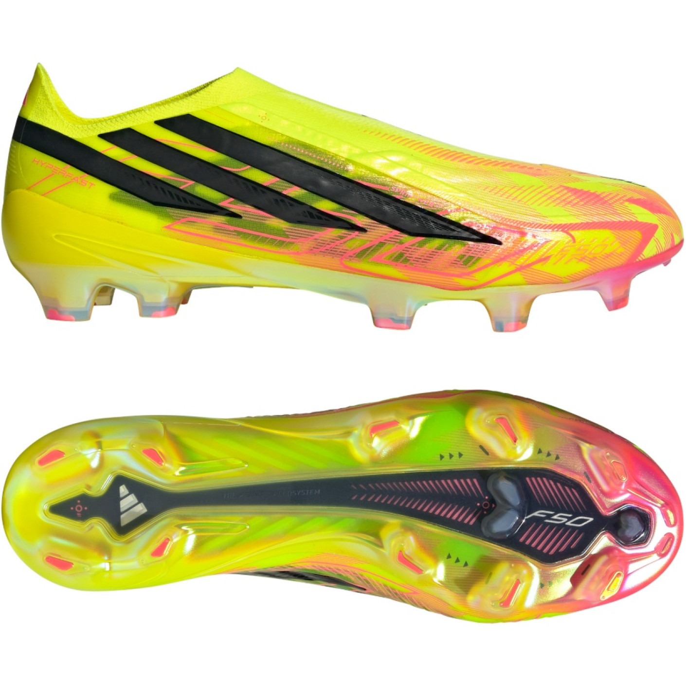 adidas F50 Hyperfast Elite Too Light Laceless Grass Football Boots (FG) Neon Yellow Black Pink