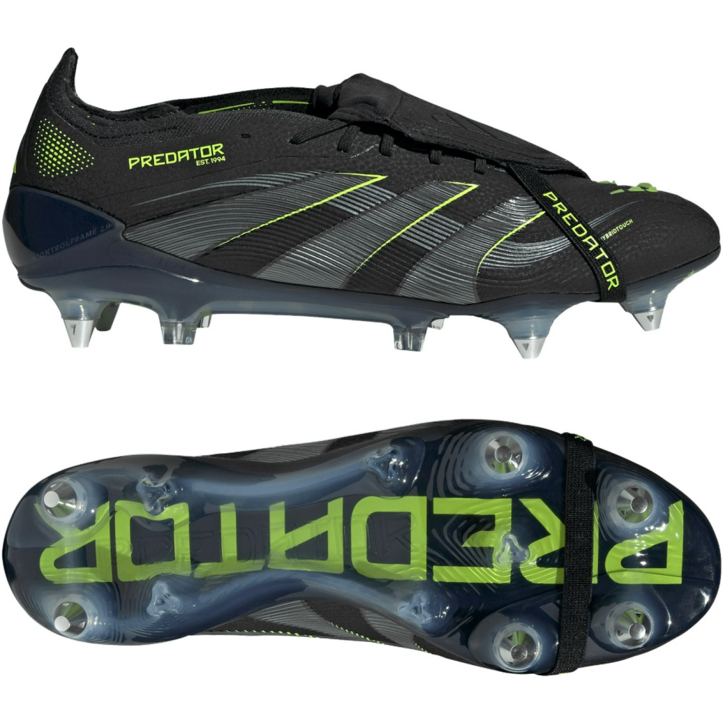 adidas Predator Elite FT Iron Nop Football Boots (SG) Black Dark Grey Neon Yellow