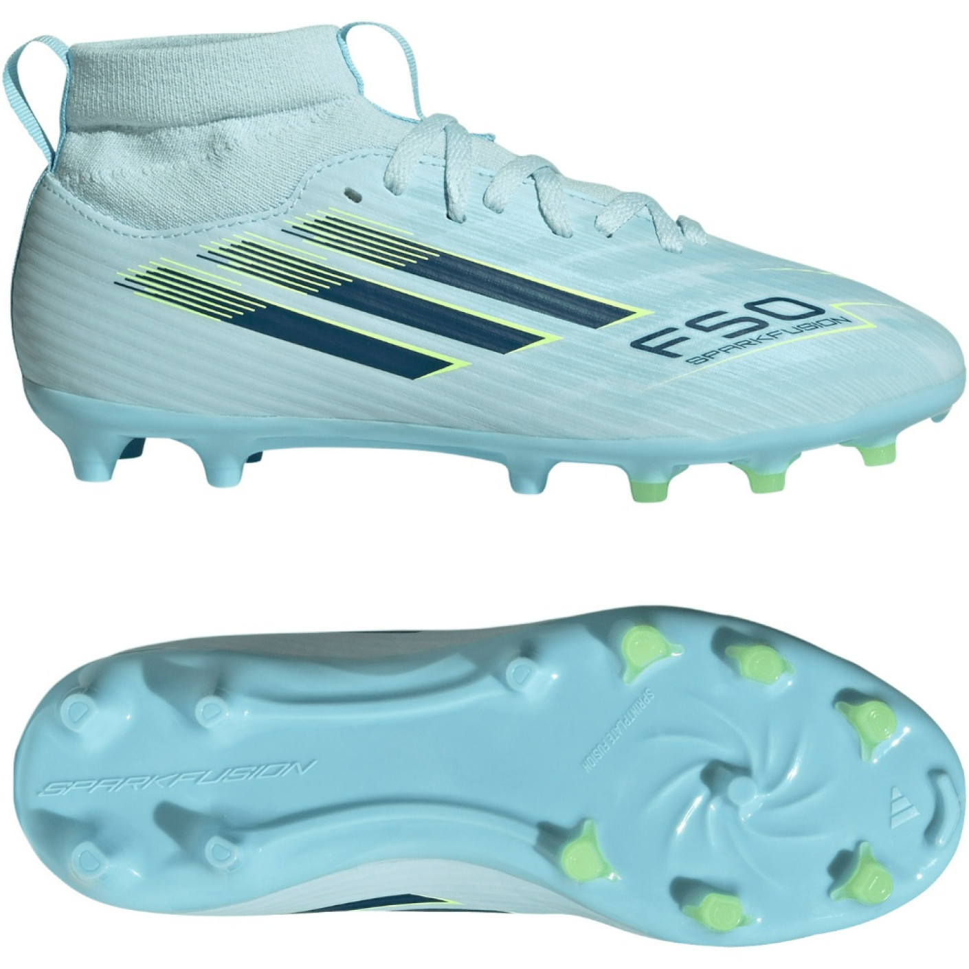 adidas F50 Sparkfusion League Grass/Artificial Grass Football Boots (MG) Kids Light Blue Dark Blue Neon Yellow
