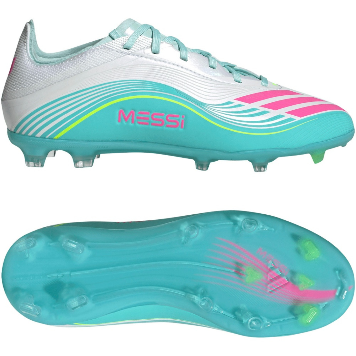 adidas F50 Messi Elite Gras Football Boots (FG) Kids White Turquoise Pink
