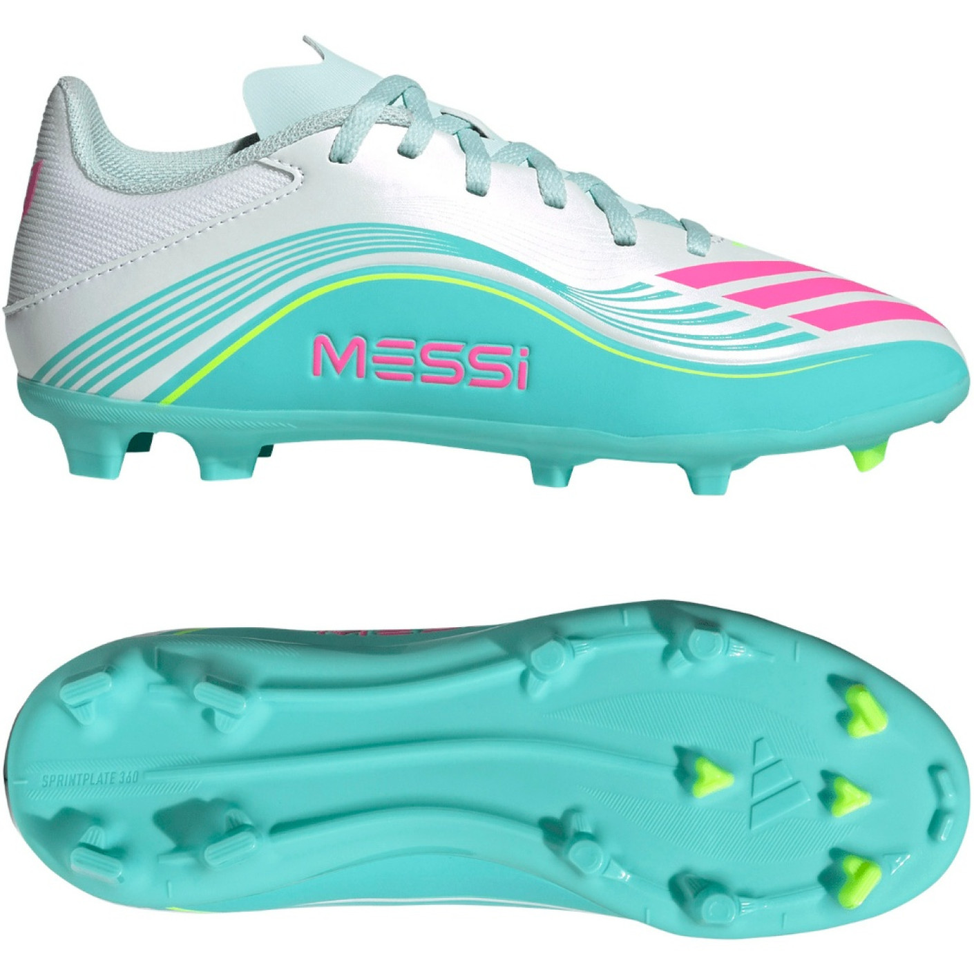 adidas F50 Messi League Grass/Artificial Grass Football Boots (MG) Kids White Turquoise Pink
