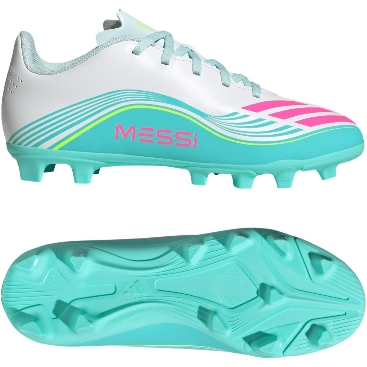 adidas F50 Messi Club Grass/Artificial Grass Football Boots (MG) Kids White Turquoise Pink