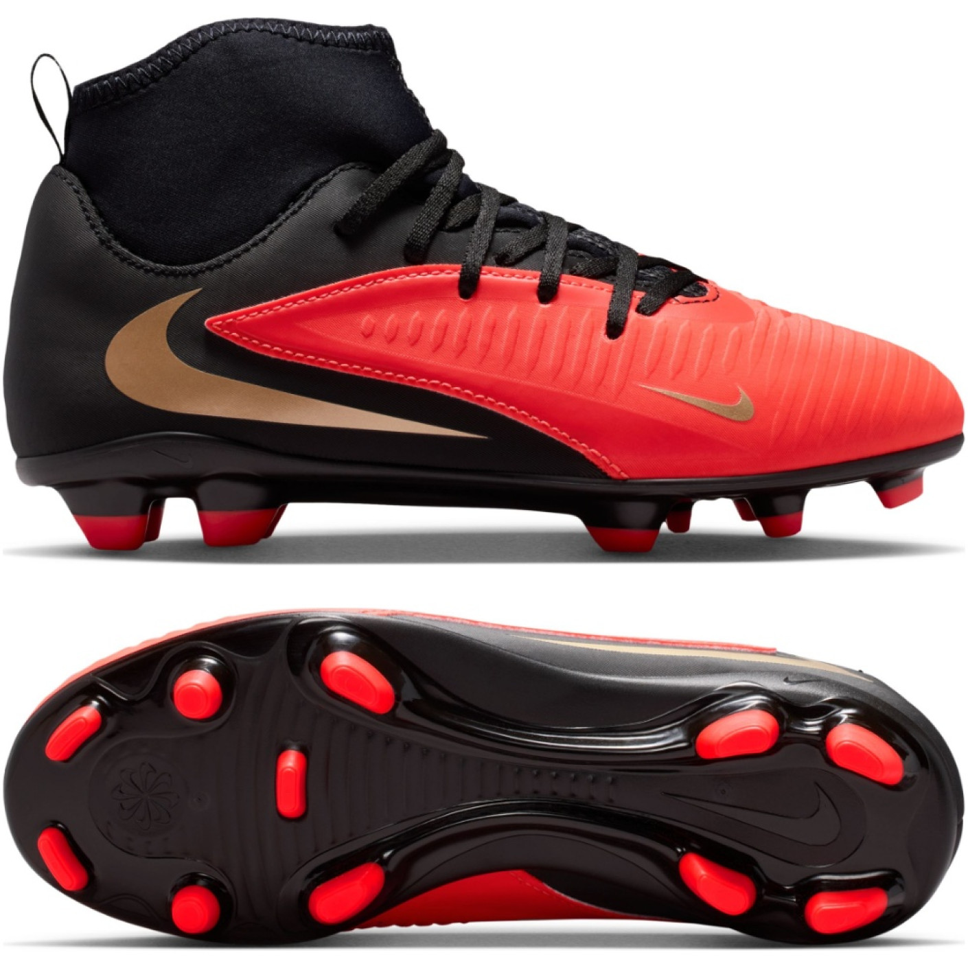 Nike Phantom 6 High Club Grass/Artificial Grass Football Boots (MG) Kids Black Bright Red Gold