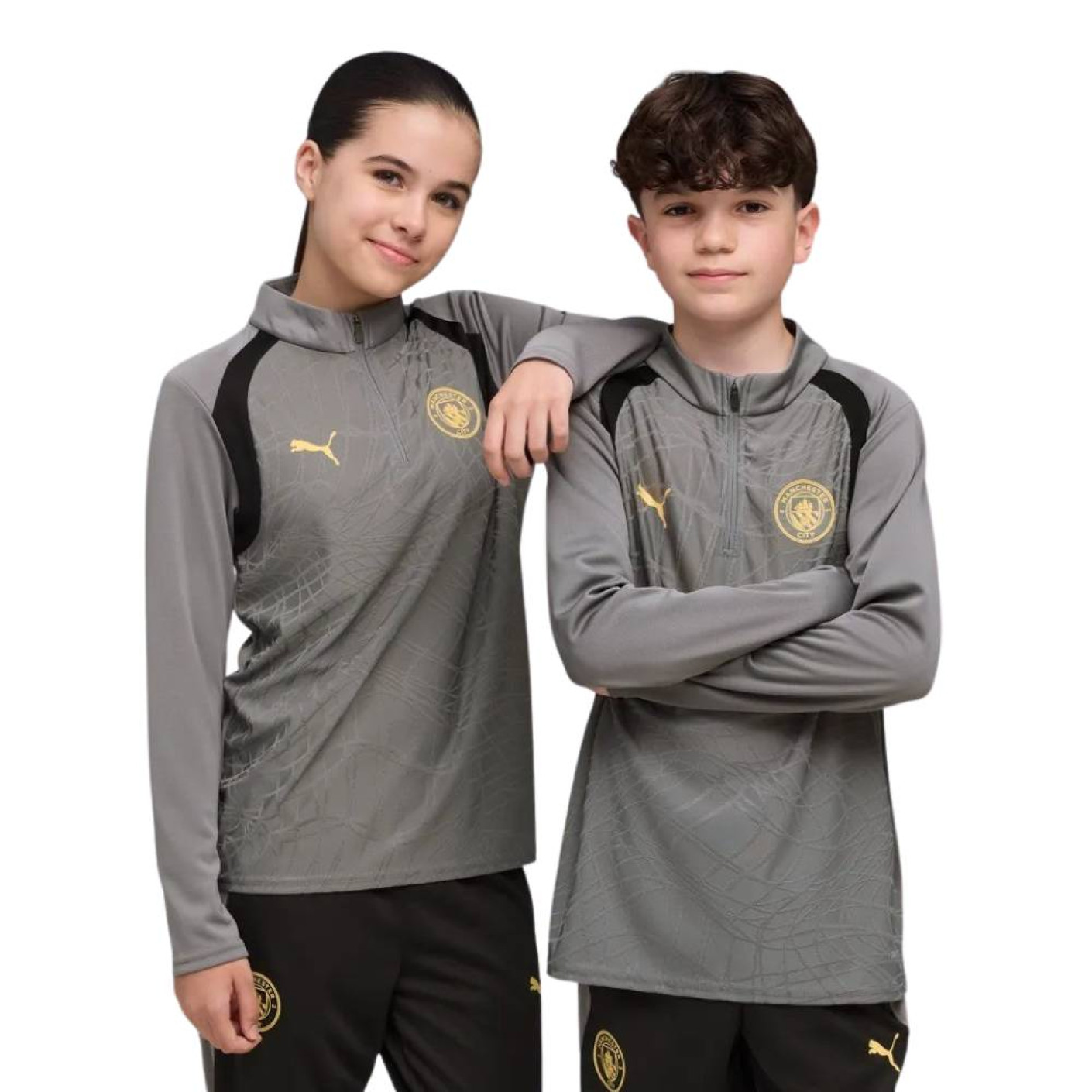 PUMA Manchester City Trainingstrui 1/4-Zip 2026-2027 Kids Donkergrijs Zwart Goudgeel