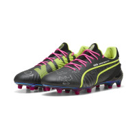 PUMA King Ultimate X KidSuper Grass/Artificial Grass Football Boots (MG) Dark Grey Yellow Pink
