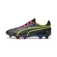 PUMA King Ultimate X KidSuper Grass/Artificial Grass Football Boots (MG) Dark Grey Yellow Pink