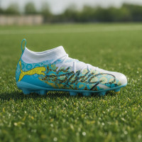 PUMA Future 9 Match Playmaker Gras / Kunstgras Voetbalschoenen (MG) Kids Wit Vibrant Blue Sun Stream Lichtblauw